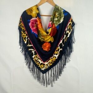 Piramit VTG Fringed Scarf Wrap Shawl 37 X 37 Bright floral Animal print Retro